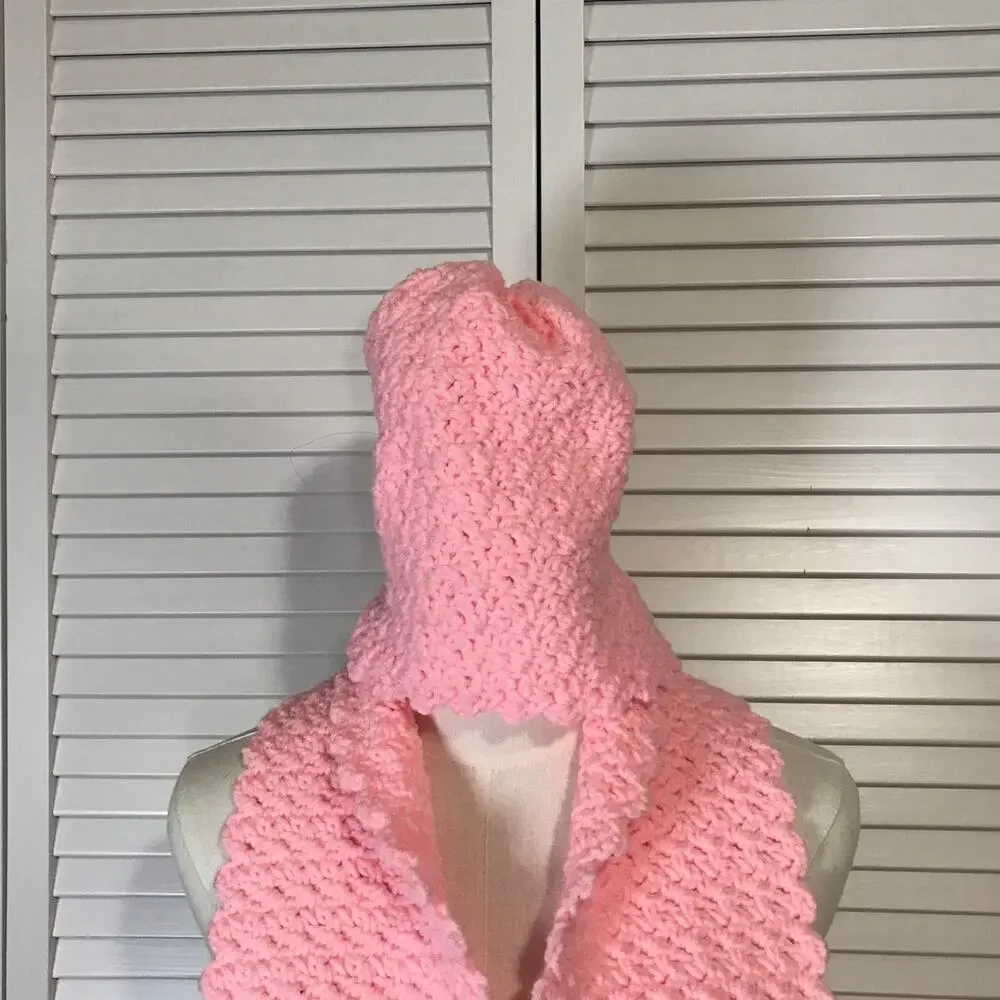 NWT Handmade Crochet Textured Winter Light Pink Scarf 71” & Beanie